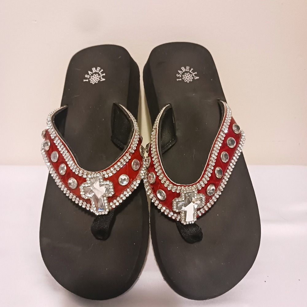 Isabella Christian Rhinestone Bling Cross Platform Flip Flops Wedge Sandals 8.5